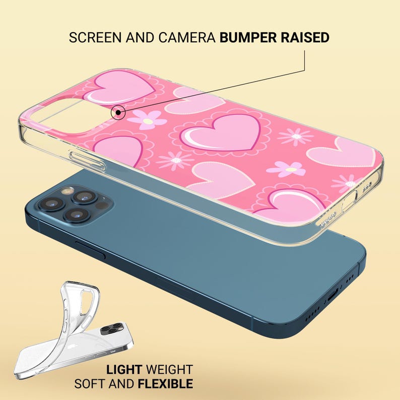 Pode incluir: Uma capa transparente para telefone com um padr&atilde;o de cora&ccedil;&otilde;es rosa e branco. A capa &eacute; projetada para proteger a tela e a c&acirc;mera do telefone. A capa tamb&eacute;m &eacute; leve e flex&iacute;vel.