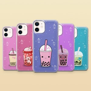May include: Set of six phone cases featuring a cute cartoon boba tea design. The cases are available in pink, purple, blue, and red. Each case has a different boba tea flavor with a cute face.
