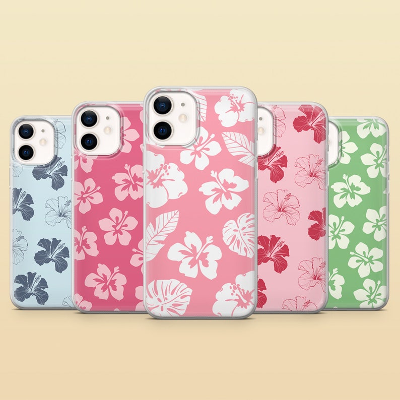 May include: Four clear phone cases with a hibiscus flower pattern. The cases are in blue, pink, red, and green.