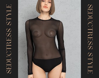 Sheer Black Crew Neck Bodysuit