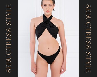 Noir - Monokini blanc cassé à col croisé