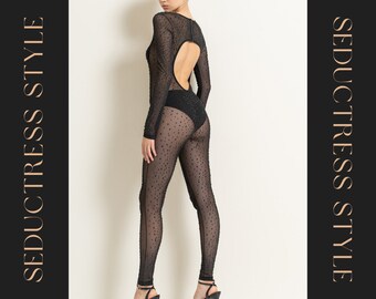 Sheer Black Backless Transparent Black Rhinestone Embellished Mesh Catsuit