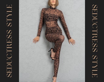 Catsuit in rete con collo alto e stampa leopardo trasparente