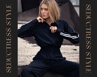 Schwarz Kontrast-Trim Zip-Front Jumpsuit