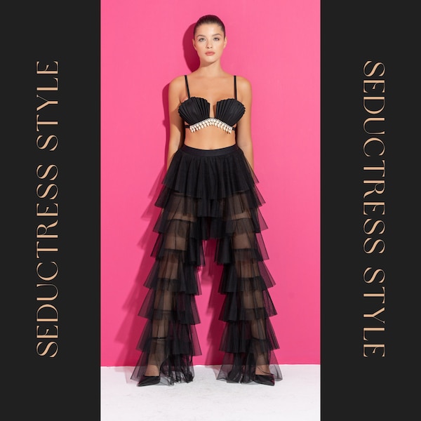 Elegant Black and Magenta Tiered Tulle Pants - See Through Statement Piece