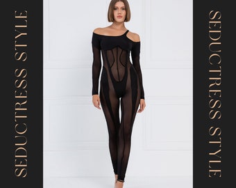 Catsuit con spalle tagliate nere trasparenti