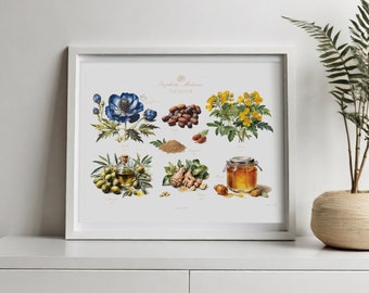 7 Foods of Quran & Hadith | watercolor | Prophetic medicine | Islamic home decor | Islamic poster | printable | wall art | Arabic art