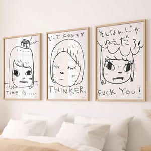 Yoshitomo Nara Signed Wall Art Set of 3 Canvas / Art Prints / Framed, Japanese Art, Living Room Art, House warming Gift Poster, Yayoi Kusama