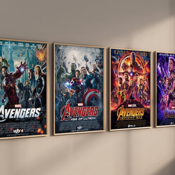 Avengers Posters, 4 Set of Movie Posters, Marvel Avengers Wall Art Prints, Iron man, Tony Stark, Thor, Captain America, Thanos, End game