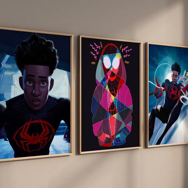 Spider-Man Poster, Spider Verse, Framed SET of 3, Miles Morales, Across the Spider-Verse, Wall Art Prints Movie poster, Spiderman Poster Art