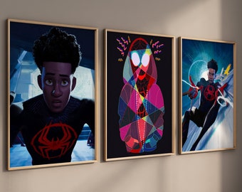 Spider-Man Poster, Spider Verse, Framed SET of 3, Miles Morales, Across the Spider-Verse, Wall Art Prints Movie poster, Spiderman Poster Art