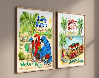 Jimmy Buffett Poster 2 Set Wall Art incorniciato, Workin n Playin, Poster di musica retrò, poster vintage, Tour Art, Incorniciato e senza cornice