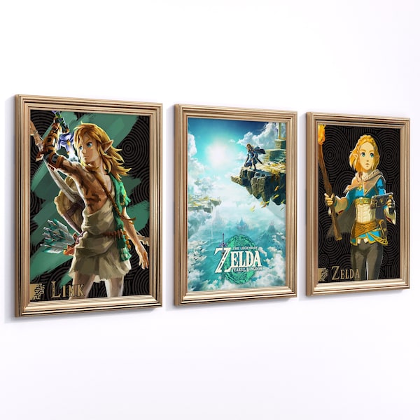 Poster Zelda, lot de 3 oeuvres d'art murales, superbes impressions de jeu, cadeau pour gamer, décoration de salle de jeux, art The Legend of Zelda, affiche de jeu, botw, totk