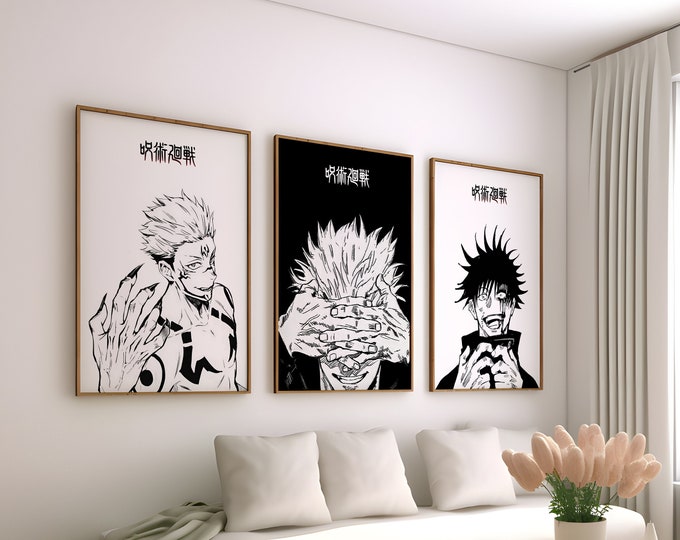 Jujutsu Kaisen Poster 3 Set Framed Wall Art, Manga Art Japanese Anime Poster, Anime Art Print, Kinji, Satoru Gojo, Framed / Unframed