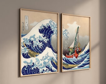 Legend of Zelda Wall Art, SET of 2 Windwaker Gaming Poster, Gamer Prints Gift Nintendo Art Classic video games, blue prints games room decor
