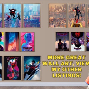 May include: A collection of 10 framed posters featuring various scenes and characters from the animated movie Spider-Man: Into the Spider-Verse. The posters are arranged in a grid on a wall with a light brown background. The text "MORE GREAT WALL ART, VIEW MY OTHER LISTINGS!" is displayed below the posters.