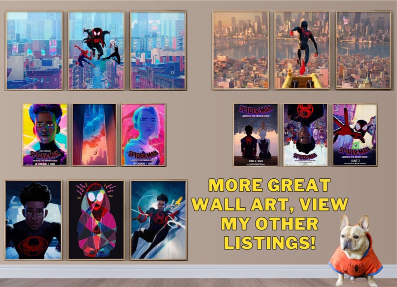 May include: A collection of 10 framed posters featuring various scenes and characters from the animated movie Spider-Man: Into the Spider-Verse. The posters are arranged in a grid on a wall with a light brown background. The text "MORE GREAT WALL ART, VIEW MY OTHER LISTINGS!" is displayed below the posters.