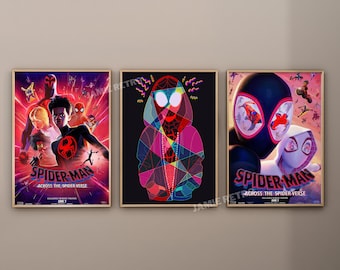 Poster di Spider-Man Art (NUOVO) del film Spider-Verse, set di 3 con cornice, stampe artistiche da parete, Across the Spider-Verse, Miles Morales, poster di Spider-Man
