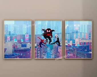 Póster de Spiderman, Spider-Verse, juego de 3 enmarcados, Miles Morales, impresiones de arte mural, póster de película, póster artístico de Spider-Man: Across the Spider-Verse