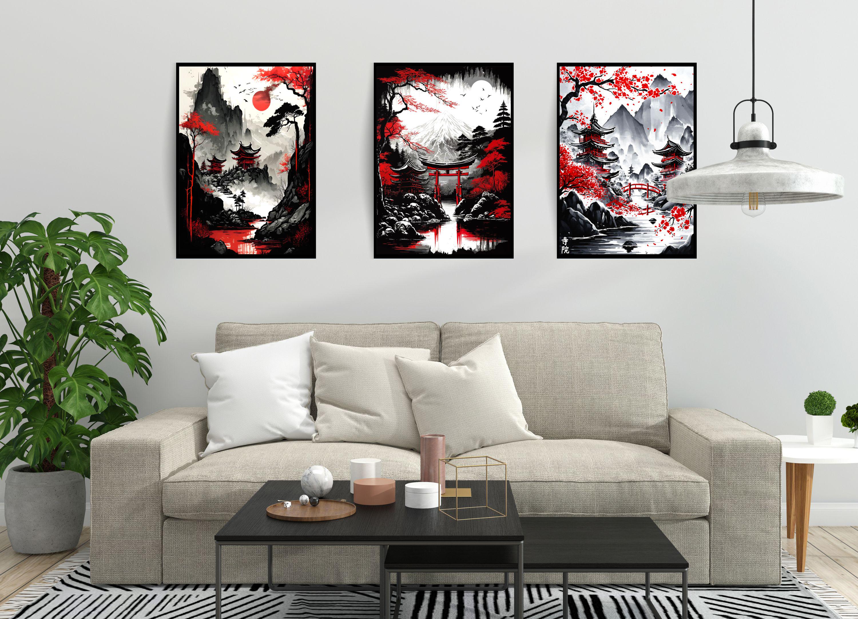 Japanese Wall Art Set of 3 Canvas / Art Print / Framed, Red & Black ...