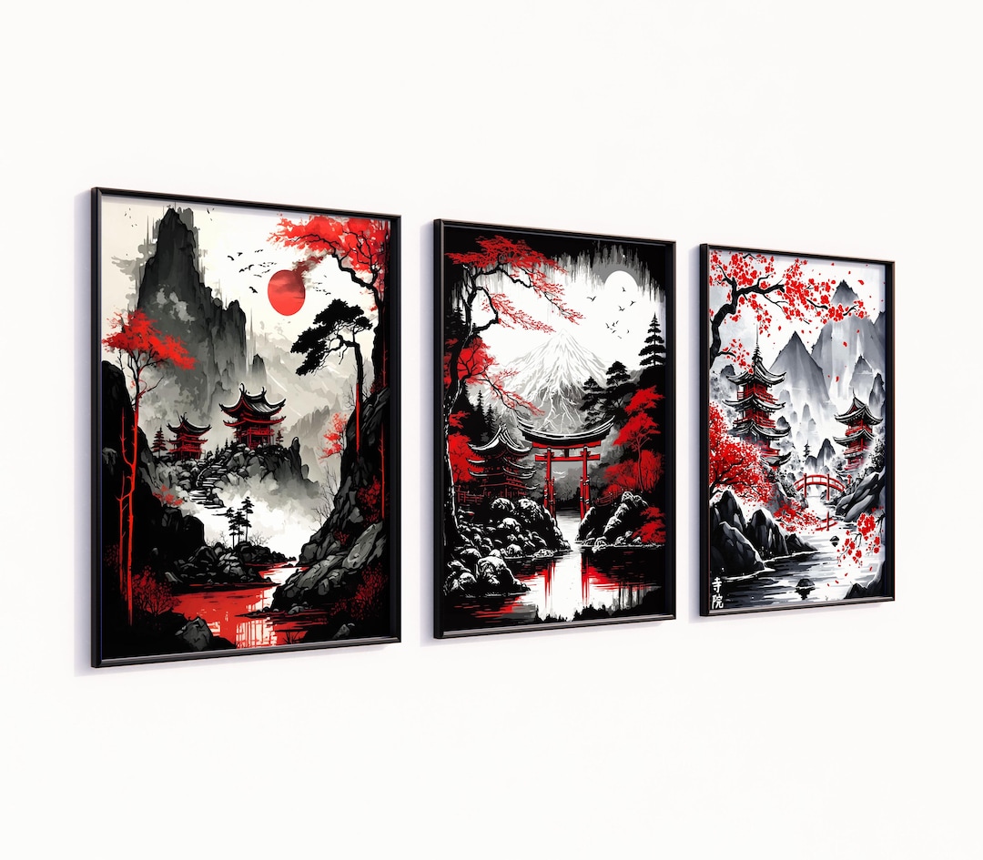Japanese Wall Art Set of 3 Canvas / Art Print / Framed, Red & Black ...