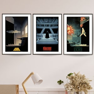 May include: Three framed movie posters for the Star Wars trilogy. The posters are black and white with red and yellow accents. The first poster is for "Star Wars: A New Hope", the second is for "The Empire Strikes Back", and the third is for "Return of the Jedi".