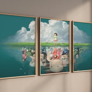 Affiche encadrée de Spirited Away, 3 pièces d'art mural anime, Studio Ghibli, affiche d'anime japonais, impression d'art anime, cadeau anime, oeuvre d'art sans cadre et encadrée