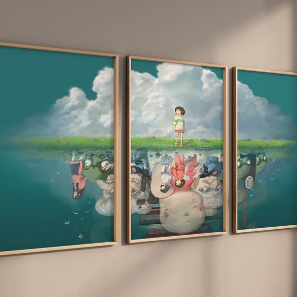 Spirited Away Poster Framed 3 piece Anime Wall Art, Studio Ghibli, Japanese Anime Poster, Anime Art Print, Anime Gift, Unframed & Framed Art