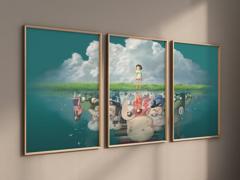 May include: A three-panel print set featuring a scene from the animated film Spirited Away. The top panel shows a young girl standing in a field with a cloudy sky above. The bottom panels show a reflection of the girl and other characters from the film in a body of water.