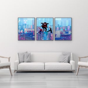 May include: Three framed illustrations of Spider-Man characters in a city setting. The characters are in mid-air, swinging from buildings. The illustrations are in a vibrant color palette with a blue and purple background.