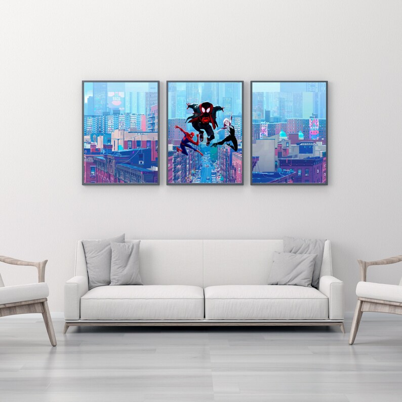 May include: Three framed illustrations of Spider-Man characters in a city setting. The characters are in mid-air, swinging from buildings. The illustrations are in a vibrant color palette with a blue and purple background.