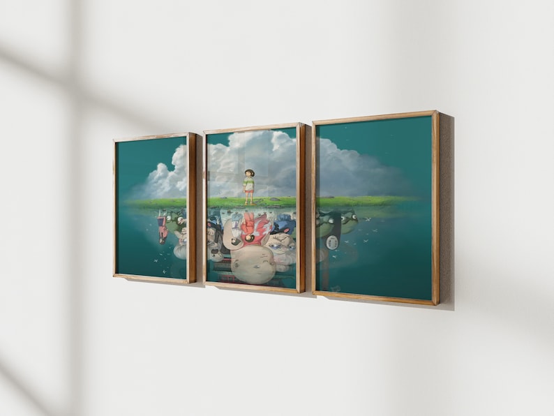 May include: A three-piece framed art print set featuring a whimsical illustration of a young girl standing in a field with a reflection of a group of fantastical creatures in the water below. The prints are framed in a light wood frame.