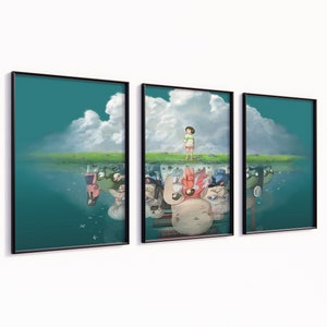 May include: A three-piece framed art print set featuring a scene from the animated film Spirited Away. The middle panel shows a young girl standing in a green field with a cloudy sky above. The top and bottom panels show a reflection of the scene in water, with the girl's reflection upside down and surrounded by other characters from the film.