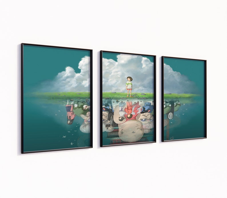May include: A three-piece framed art print set featuring a scene from the animated film Spirited Away. The middle panel shows a young girl standing in a green field with a cloudy sky above. The top and bottom panels show a reflection of the scene in water, with the girl's reflection upside down and surrounded by other characters from the film.