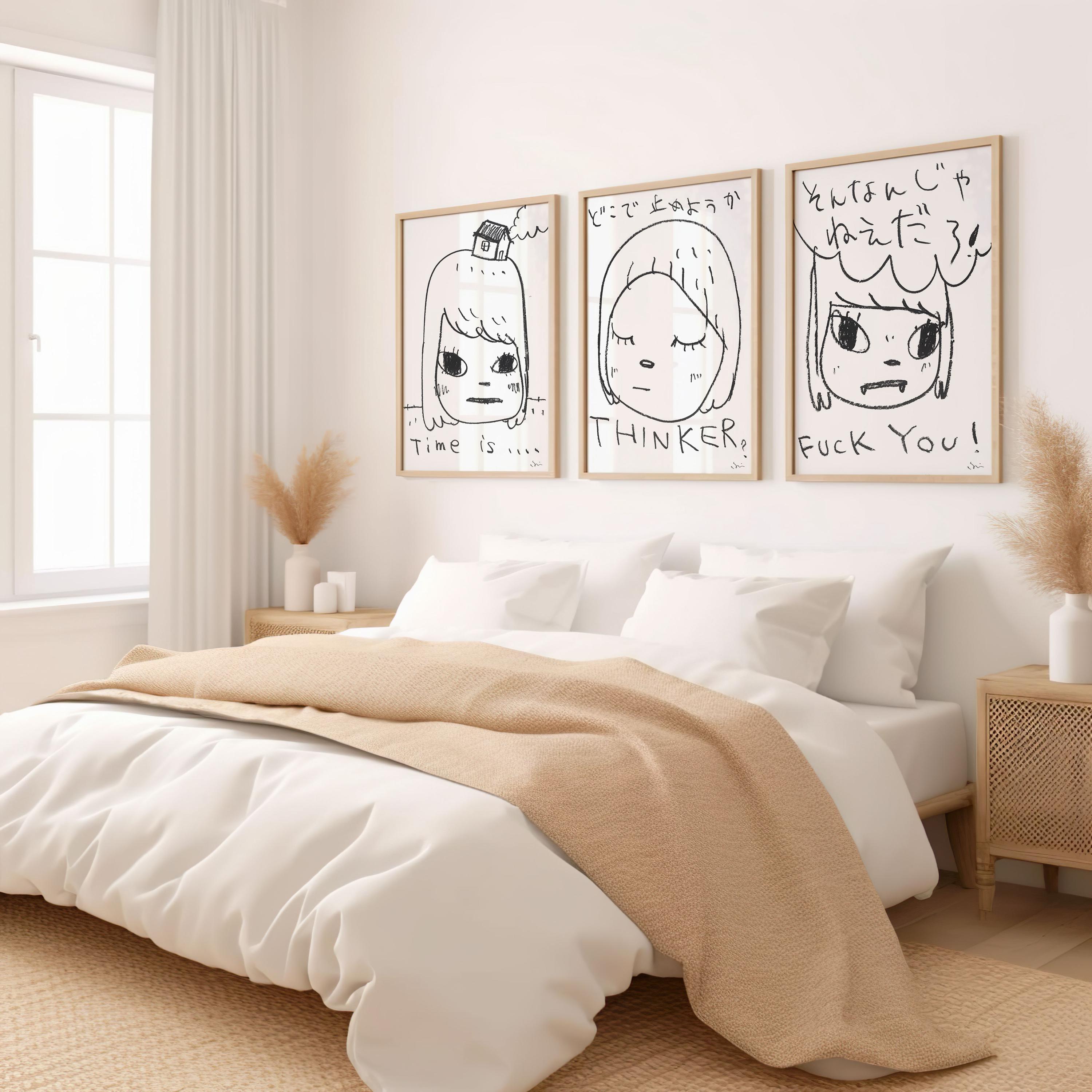 Yoshitomo Nara Signed Wall Art Set of 3 Canvas / Art Prints / Framed, Japanese Art, Living Room Art, House warming Gift Poster, Yayoi Kusama
