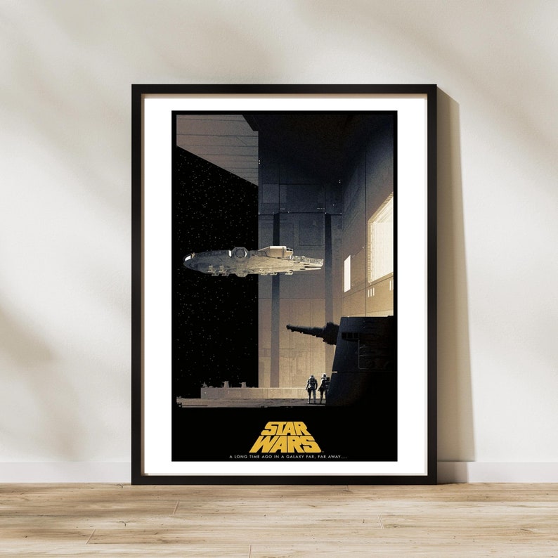 May include: A black framed poster with a Star Wars themed illustration. The poster features a spaceship flying through a dark space with a large building in the background. The text "Star Wars" is in yellow and the text "A long time ago in a galaxy far, far away..." is in white.