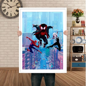 May include: Three Spider-Man characters in red, black, and white costumes are jumping in front of a city skyline. The character in the center is wearing a black and red suit with a red spider logo on the chest. The character on the left is wearing a red and black suit with a red spider logo on the chest. The character on the right is wearing a white and black suit with a white spider logo on the chest.