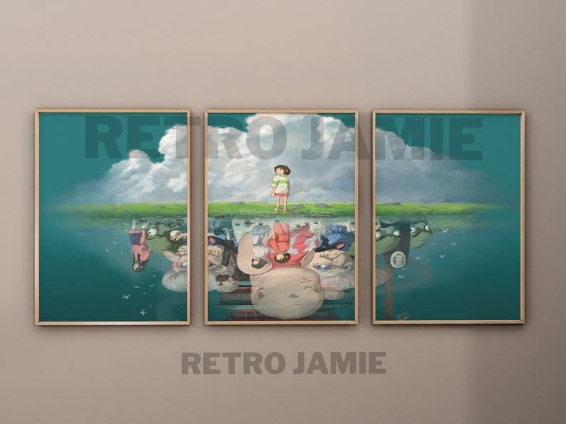 May include: A three-piece set of framed prints featuring a scene from the animated film "Spirited Away". The prints are set against a light beige wall. The prints feature a teal background with a scene of a young girl standing on a grassy hill with a reflection of the scene in the water below. The text "RETRO JAMIE" is printed below the prints.