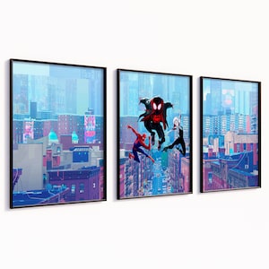 May include: Three framed prints of a cityscape with three Spider-Man characters in the middle print. The characters are Spider-Man, Miles Morales, and Spider-Gwen. The characters are all in mid-air, jumping from building to building. The cityscape is a vibrant blue and purple.