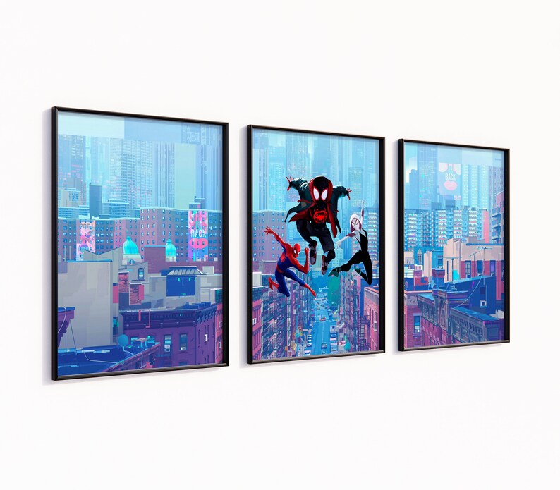 May include: Three framed prints of a cityscape with three Spider-Man characters in the middle print. The characters are Spider-Man, Miles Morales, and Spider-Gwen. The characters are all in mid-air, jumping from building to building. The cityscape is a vibrant blue and purple.