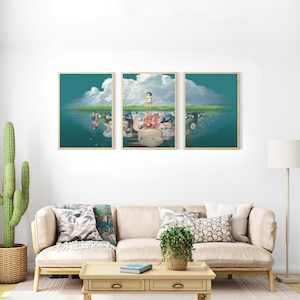 May include: Three framed prints of a scene from the animated film Spirited Away. The middle print shows a young girl standing in a field with a reflection of a group of characters in the water below. The left and right prints show the reflection of the characters in the water.