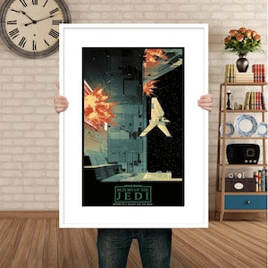 May include: A vintage-style poster for the movie "Star Wars: Return of the Jedi." The poster features a white spaceship flying through a dark space with a fiery explosion in the background. The text "STAR WARS RETURN OF THE JEDI" is printed in white on a black background.