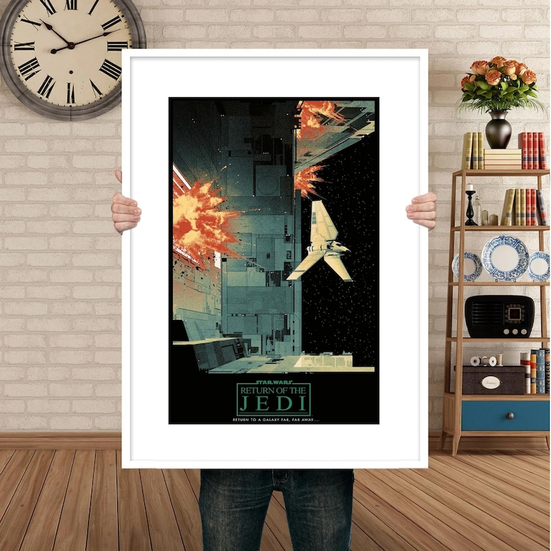 May include: A vintage-style poster for the movie "Star Wars: Return of the Jedi." The poster features a white spaceship flying through a dark space with a fiery explosion in the background. The text "STAR WARS RETURN OF THE JEDI" is printed in white on a black background.