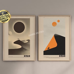 Vintage Dune Poster Framed Set of 2 Wall art, Alternative Minimal Movie Poster High Quality Home decor, Arrakis Desert, Dune Movie art Print