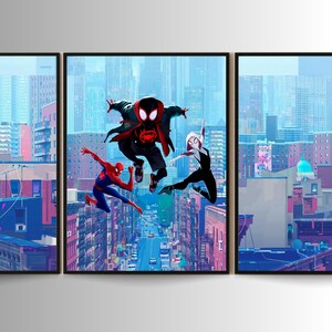 May include: Three Spider-Man characters, one in a red and black suit, one in a white and black suit, and one in a red and blue suit, are jumping in front of a city skyline.
