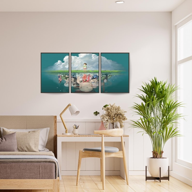 May include: A three-piece framed art print set featuring a young girl standing on a grassy field with a cloud in the sky. The reflection of the girl and the field are shown in the water below. The art print is framed in black.