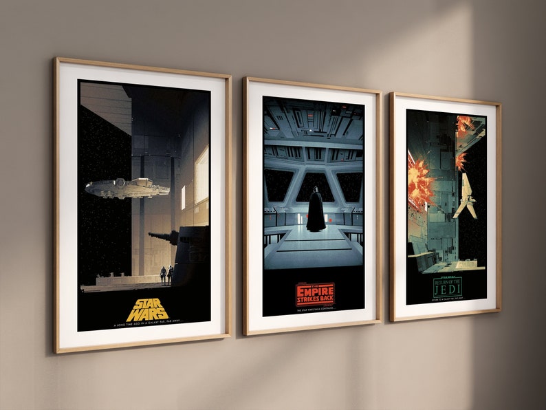 May include: Three framed movie posters with minimalist designs. The posters are for the Star Wars movies: "Star Wars: A New Hope", "The Empire Strikes Back", and "Return of the Jedi".