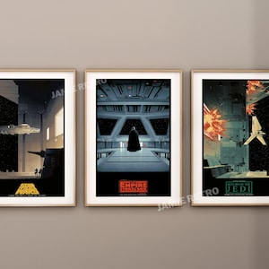 May include: Three framed Star Wars movie posters. The first poster is for "Star Wars: A New Hope" and features a spaceship flying over a cityscape. The second poster is for "The Empire Strikes Back" and features Darth Vader standing in a dark hallway. The third poster is for "Return of the Jedi" and features a spaceship exploding in space.