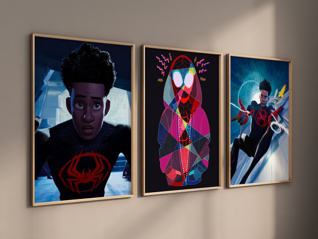 Spiderman Poster, Spider Verse, Framed SET of 3, Miles Morales, Across