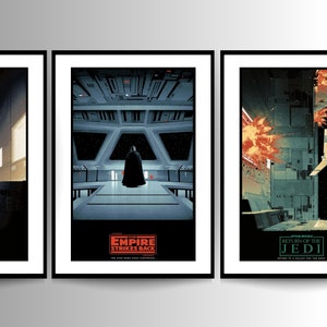 May include: Three movie posters for the Star Wars saga. The first poster is for "The Empire Strikes Back" and features Darth Vader standing in a dark room. The second poster is for "Return of the Jedi" and features a spaceship exploding in space. The third poster is for "Star Wars: Episode IV - A New Hope" and features a scene from the film.